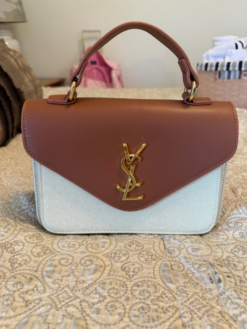 Tan Leather & Cream Canvas Satchel with Gold Hardware
